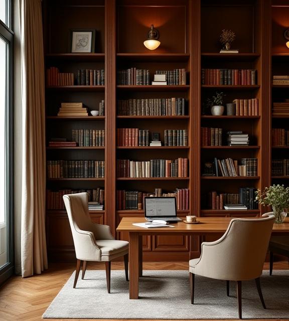 Elegantes Interieur des Glockenschlag Presse Büros in Wien mit Fachbüchern im Regal